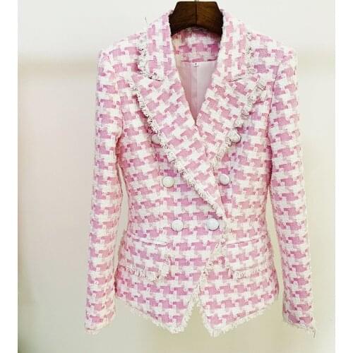 Autumn Womens Tassel plaid tweed coat High quality Double-breasted blazers jackets C909