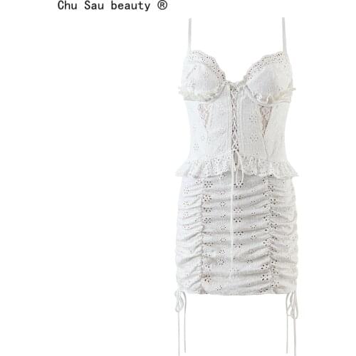 2021 Summer New French Sexy Lace Embroidered Folds Suspender Women Tie Bandage Back Hollow Out Dress Solid Color Vestido