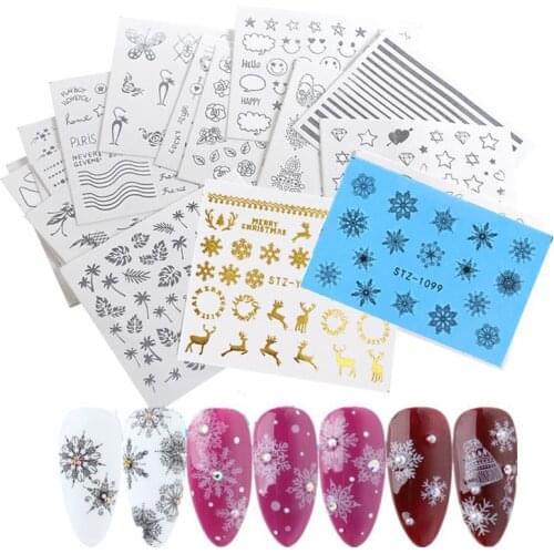 16Pcs 3D Mix Nail Art Sticker Decals Hollow Snowflake Elk Christmas Tree Pattern Decals DIY Water Transfer Slider Manicure Decor