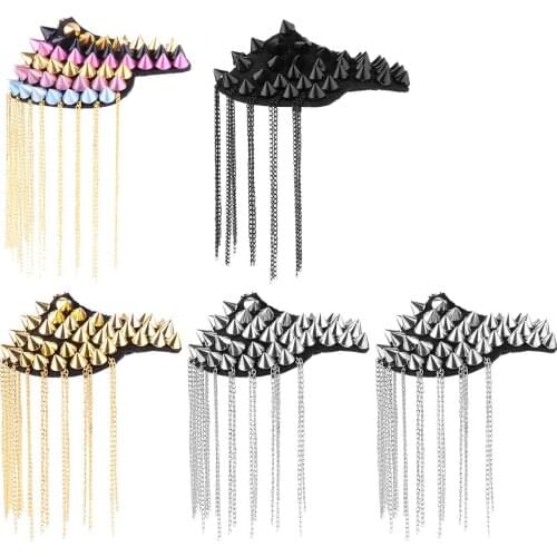 2Pcs Tassel Chain Epaulettes Retro Spike Rivets Clip Brooch Gothic Shoulder Board Clothing Badge Unisex Uniform Shoulder Epaulet