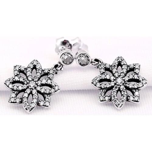 Authentic S925 Sparkling Flower With Crystal Stud Earrings For Women Wedding Gift fit Lady Jewelry