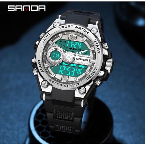 SANDA Raise Hand Light New Quartz Dual Display Watch Casual Mens sports Watch G style 50m Waterproof Fashion Watch Green Lumino
