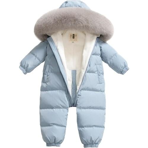 -30 Degree Infant Baby Romper Real Fur Collar Duck Down Filling Thick Warm Toddler Plus Velvet Down Rompers Baby Winter Snowsuit
