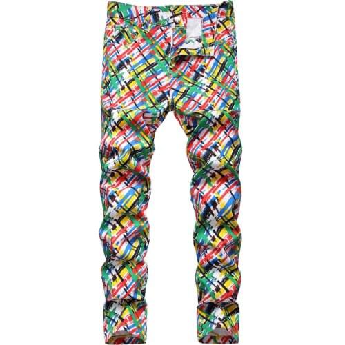 Mens Spring Fashion 3D Graffiti Printed Jeans Hip Hop Streetwear Cotton Denim Pants Slim Fit Male Casual Straight Trousers