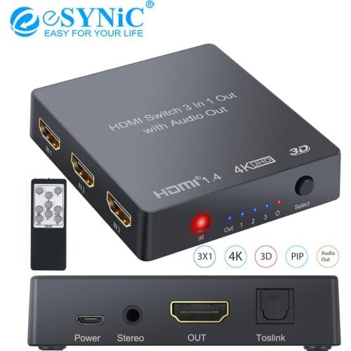 ESYNiC 1080P 3 Port HDMI-Compatible Switch Audio Extractor Converter Analog Optical Toslink SPDIF Output Support 4K 3D For DVD
