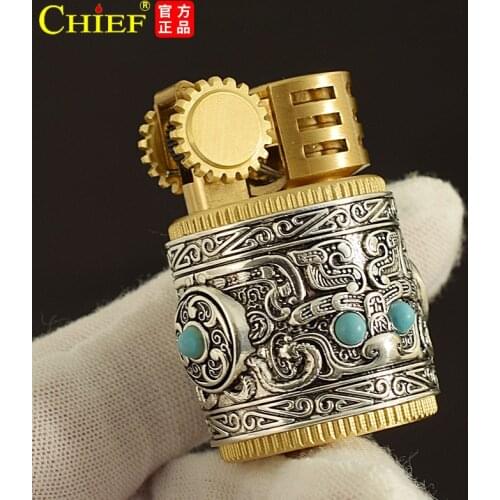 Chief Kerosene Lighter Armor New Mini Compact Portable Retro Creative Old Silver Flint Wheel Ignite Men Smoking Gift Oil Machine