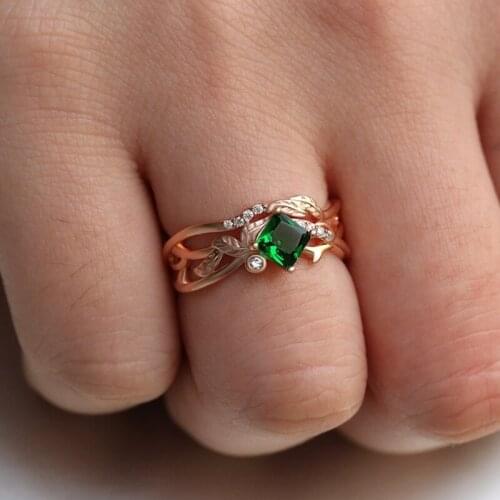 CAOSHI Hollow Grow Leaf Shape Ring for Women with Square Cut Green Cubic Zirconia Elegant Wedding Jewelry Dating Gift Wholesale