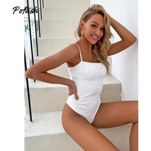 Pofash White Solid Ruched Summer Bodysuits Women Spaghetti Strap Backless Casual Rompers Slim Sleeveless Jumpsuit 2020 Overalls