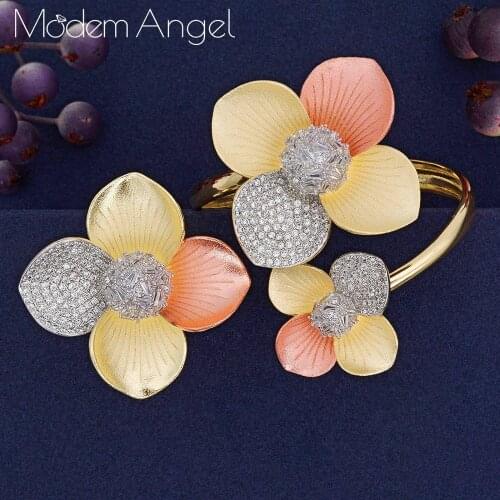 ModemAngel Luxury 3Tone Flower Nigeria Bangle Ring Set Jewelry Set For Women Wedding Cubic Zircon Crystal CZ Dubai Bridal Jewelr