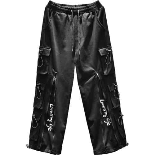Mens Safari Style High Street Black Casual Long Pants Hip-hop Pockets Zipper Decor B4