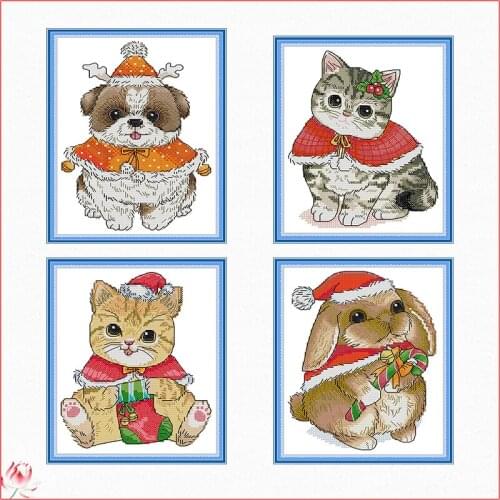 Joy Sunday Christmas Animals Series Cross Stitch Kit Pattern 14CT White 11CT Printed Embroidery Set DIY Home Deco Painting Craft