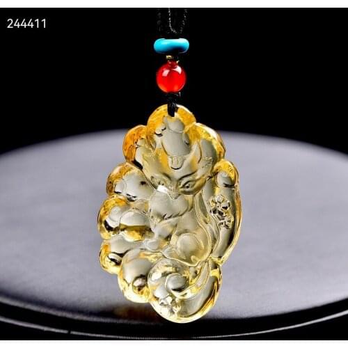 Natural Yellow Citrine Quartz Carved Pendant 37*25*10mm Women 9 Tails Fox Jewelry Clear Citrine Beads Necklace AAAAA