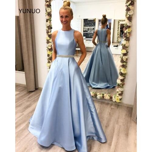 YUNUO A-line Prom Dresses Long Satin Party Dress for Graduation Formal Evening Dress for Women with Pockets Beading Gowns