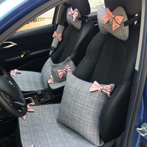 Diamond Bowknot Car Neck Pillow Classic Plaid fabric Auto Interior Headrest Seat Support Waist Pillows Car Accessories for Girls