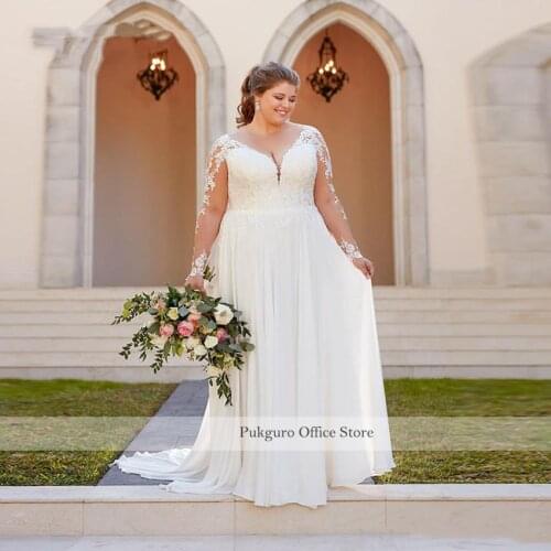 Plus Size Wedding Dress Lace Appliques Illusion Long Sleeves V Neck Boho Bridal Dress Vestido De Novia
