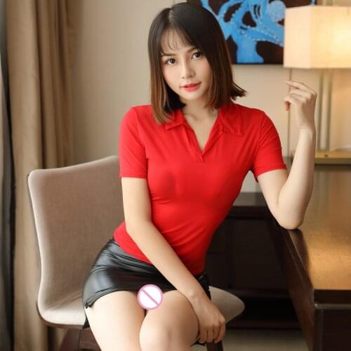 Sexy Women Turn-down Collar See Through Transparent OL T-shirt Ice Silk Smooth T-shirt Erotic Lingerie Club Pole Dance Wear F35