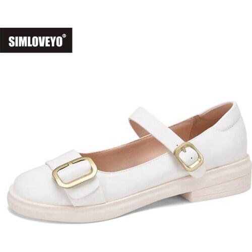 SIMLOVEYO 2021 New Mary Janes Flat Round Toe PU Leather 3cm Square Heel Buckle Black White 32-43 Lady Shoes Loafers Flats S2429