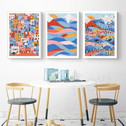 Nordic Oceans Landscape Canvas Poster Abstract Color Waves And Many Houses Painting Wall Art Print Pictures Living Room Decor