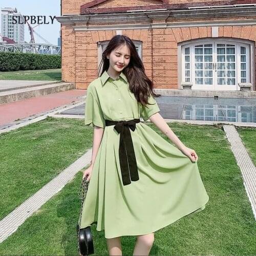 SLPBELY Casual Dress For Women Summer Polo Neck Pleated Short Sleeved Dress With Belt A-Line Dress Loose Party Dress Outfits