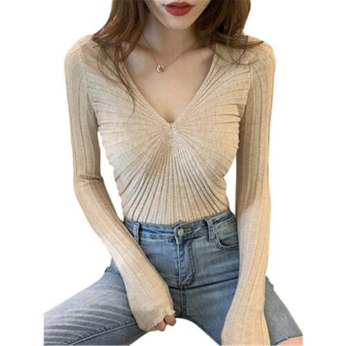 Korean Fashion 2020 Girls V-neck Pleated Knitted Full Sleeve Sweater Pullover Womens Sheath Jumpers Sweaters Tops PZ3227