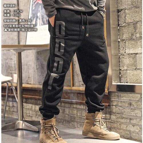 Spring new letter print inside fleece mens loose fitting pants mens casual pants black sports pants k7011