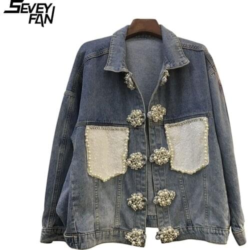Hipster Blue Denim Jacket Women Brand Pearl Button Embroidery Vintage Jeans Jackets and Coat Fashion Streetwear Loose Outwear