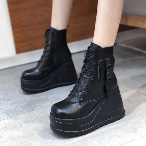Plus Size 43 Winter Ankle Boots For Women Wedge High Heel Platfom Botas Mujer Chaussure Femme Pu Leather Height Increasing Shoes