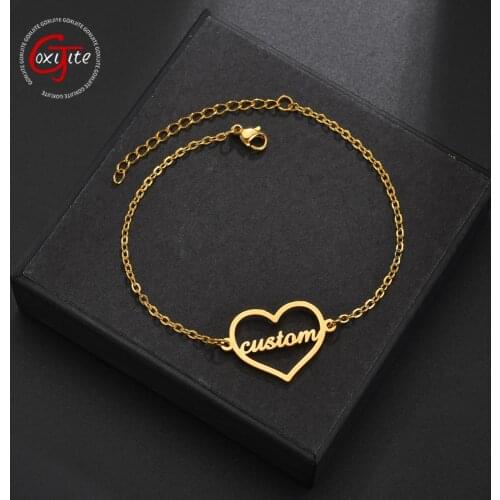 Goxijite Custom Name Bracelet For Women Girl Stainless Steel Personalized Heart Initial Name Bangle Bracelets Gift