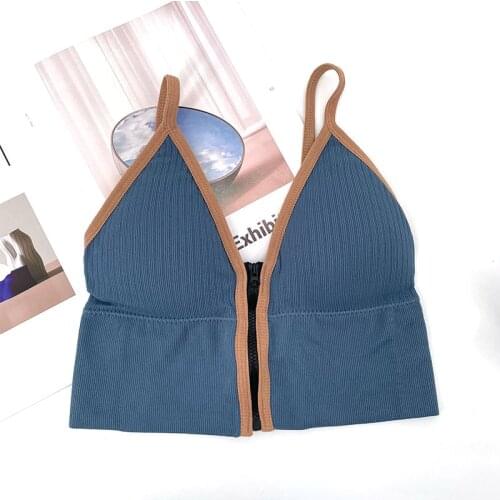 Korean striped deep V zipper slim fit spaghetti strap vest ladies built-in bra strapless sleeveless versatile camisole ins