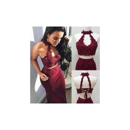 Womens Mermaid Long Beaded Burgundy Prom Dresses Sexy Two Pieces Criss Cross Back Robe De Soiree Formal Party Dresses