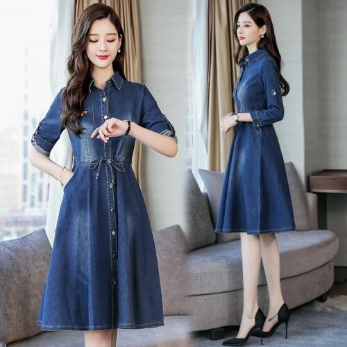 Womens spring and autumn new denim dress fashion seven-point sleeves long section waist A-line dress TB190513