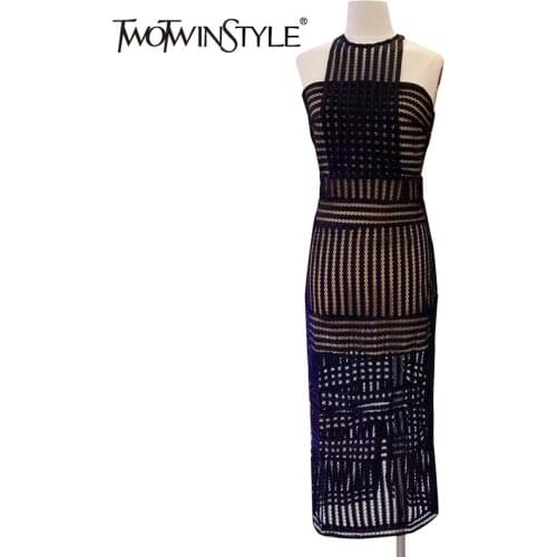 TWOTWINSTYLE Sexy Black Hollow Out Dress For Women O Neck Sleeveless High Waist Split Bodycon Midi Dresses Female Fashion Summer