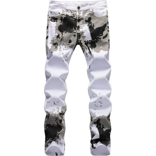 New Spring summer casual white printed pants stretch mens jeans straight slim fit European and American fashion trend trousers