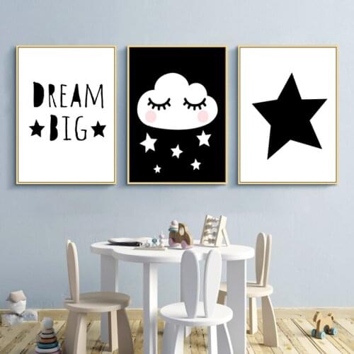 Dream Big Good Night Cloud Star Canvas Art Poster Black and White Nursery Print Painting Picture Nordic Kids Bedroom Decor
