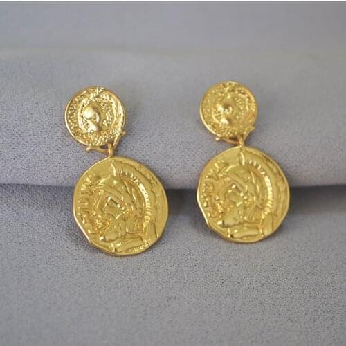 Europe and the United States retro Roman embossed head gold coin niche design earrings earrings accessories women