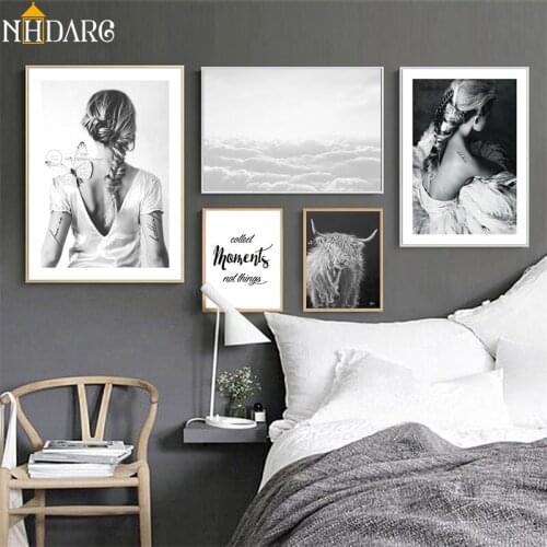 Highland Cow Tattoo Girl Black White Landscape Nordic Canvas Print Painting Poster Art Wall Pictures for Living Room Home Home