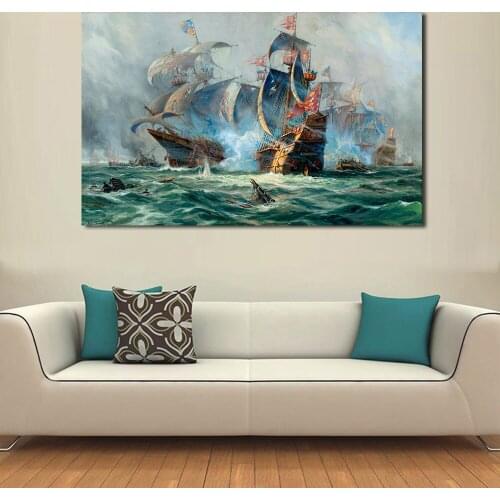 JQHYART Naval Battle Oil Painting Canvas Art Paintings For Living Room Wall No Frame Decorative Pictures
