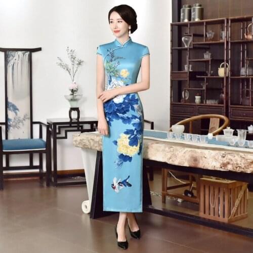 Chinese Traditional Dress Short Sleeve Sexy Oriental Dress Cheongsam Slit Long Dress Blue Ao Dai Vietnam Qipao Dress DD1893