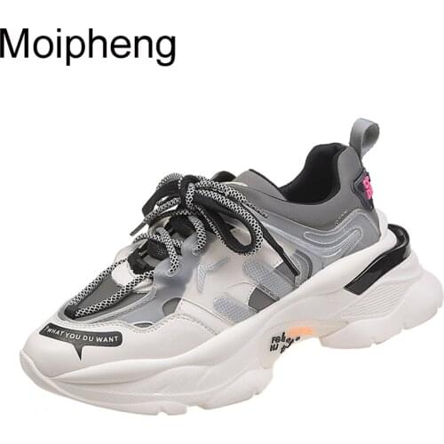 Moipheng Platform Sneakers Round Toe 2020 Spring Womens Chunky Shoes Lace Up Black Female Trainers Dad Shoes Tenis Feminino