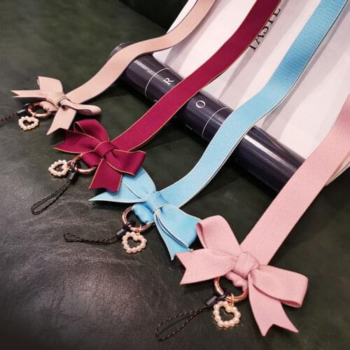 Mobile phone lanyard, hanging neck bowknot womens wide band silky pendant anti-lost key u disk wrist sling detachable chain