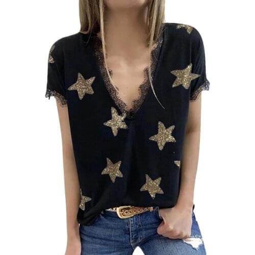 Fashion Womens Summer V-Neck Lace T-Shirt Five-Pointed Star Print Loose Short Sleeve Lace Stitching Sexy Wholesale Casual Tops
