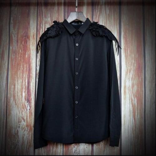 M-3xl New Men Four Seasons Casual Long-sleeve Black Feather Shirt Hairstylist Slim Tide Shirts Nightclub Stage Singer Costumes