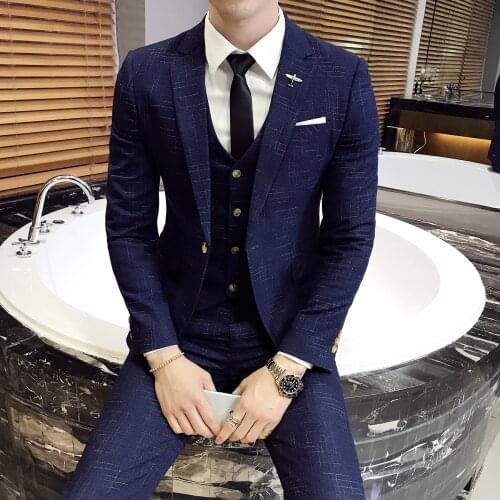 Mens Suit Navy Striped Grid Jacket Vest Pants Suit Collar One Button Slim Fit Business Casual Male Suits For Wedding Custom