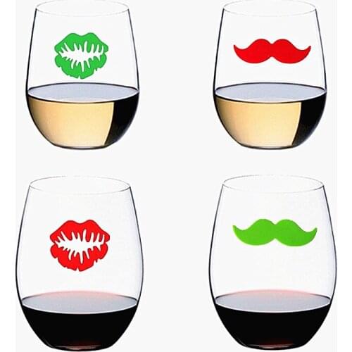 Set of 12 Reusable Lips & Mustache Silicone Sticky Wine Glass Charm Tags Markers