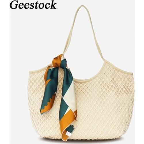 Geestock Beach Style Shoulder Bags for Women Summer Mesh Net Handbag Ladies Tote Bags Fashion Cusual Canvas Shopping Bag
