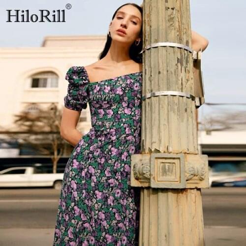 HiloRill Women A Line Long Dresses Summer 2021 Boho Floral Print Holiday Casual Dress Puff Short Sleeve Split Elegant Dress