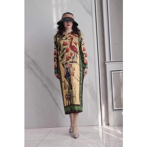 HOT SELLING Miyake fold dress of Retro print turndown collar Button long sleeve Straight dress IN STOCK
