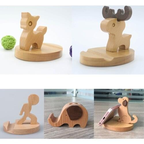 Solid Wood Animal Mobile Phone Holder Car Home Mount Cradle Desk Stand for Mobile Cellphone Laptop, Switch/Deer/Dog/Boy/Elephant