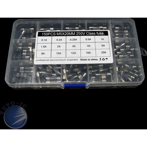 15assort*10pcs 5x20mm Fuse 0.1A/0.2A/0.25A/0.5A/1A/1.5A/2A/3A/4A/5A/8A/10A/12A/15A/20A safety blown fuze tube box kit 5*20
