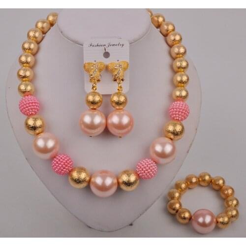 Pink Nigerian Wedding African Beads Jewelry Set Pearl Beaded Necklace